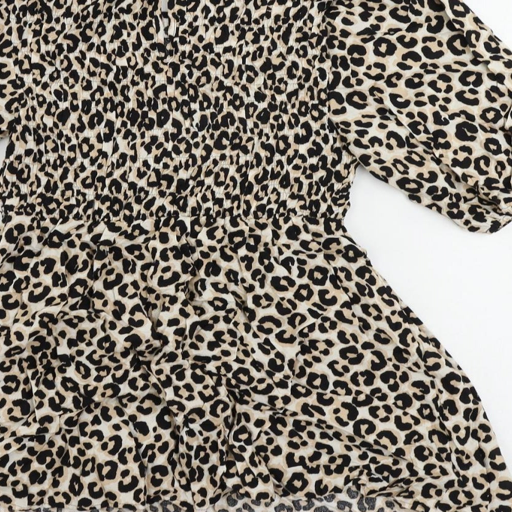 Marks and Spencer Womens Black Animal Print Viscose Basic Blouse Size 8 Round Neck - Elastic Waist