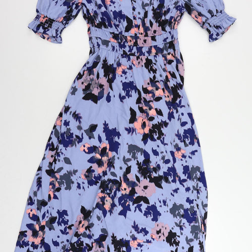 Marks and Spencer Womens Blue Geometric Polyester Maxi Size 6 V-Neck Button - Elastic Waist