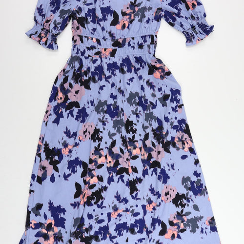 Marks and Spencer Womens Blue Geometric Polyester Maxi Size 6 V-Neck Button - Elastic Waist