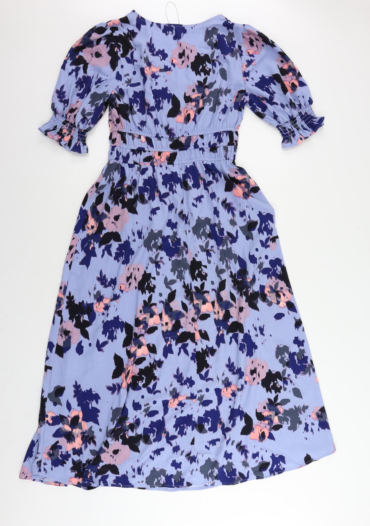 Marks and Spencer Womens Blue Geometric Polyester Maxi Size 6 V-Neck Button - Elastic Waist