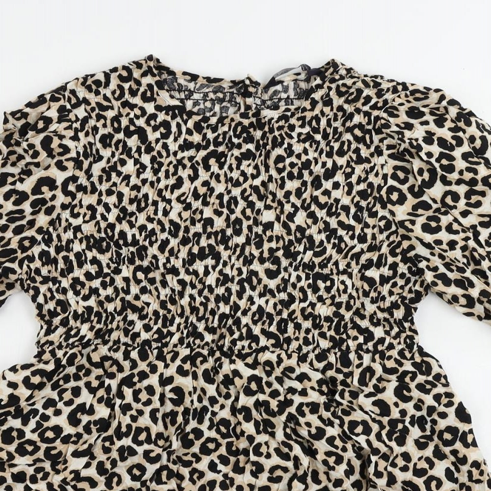 Marks and Spencer Womens Black Animal Print Viscose Basic Blouse Size 10 Round Neck