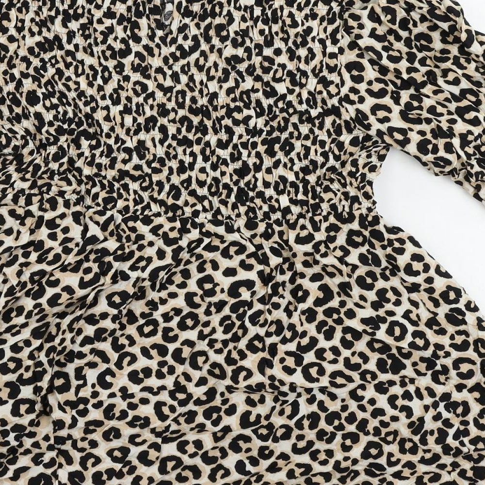 Marks and Spencer Womens Black Animal Print Viscose Basic Blouse Size 10 Round Neck