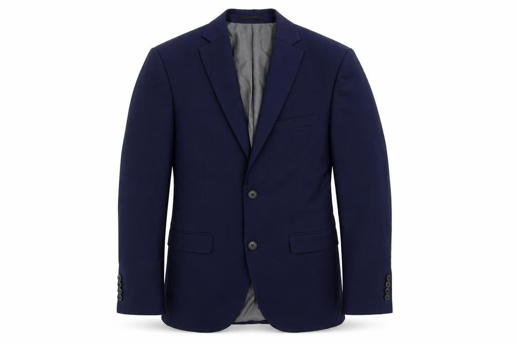 Front view of Next men’s blue polyester jacket suit jacket, size 34, regular
