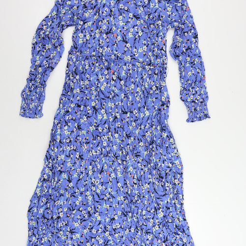 Marks and Spencer Womens Blue Floral Viscose A-Line Size 14 V-Neck Pullover