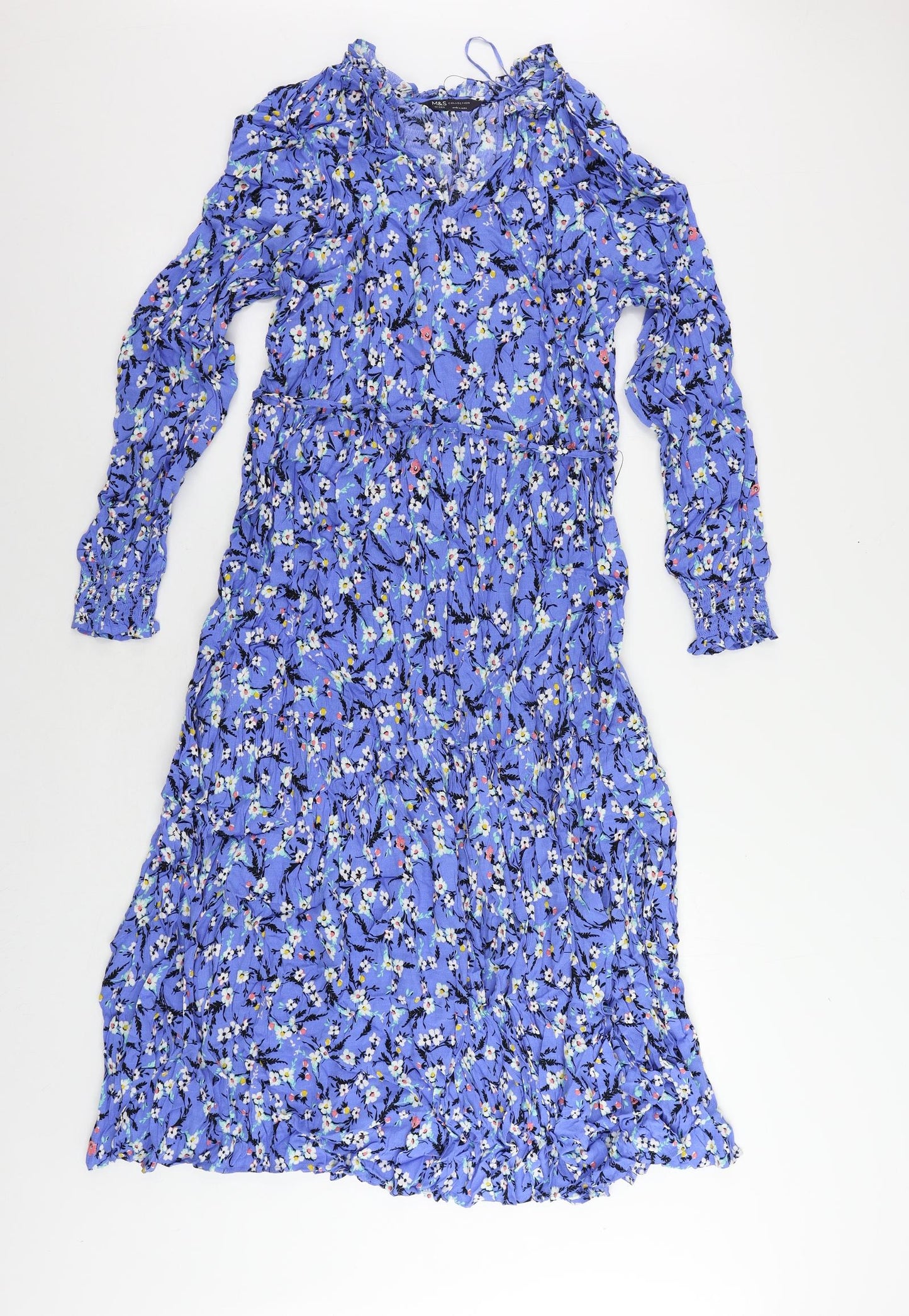 Marks and Spencer Womens Blue Floral Viscose A-Line Size 14 V-Neck Pullover