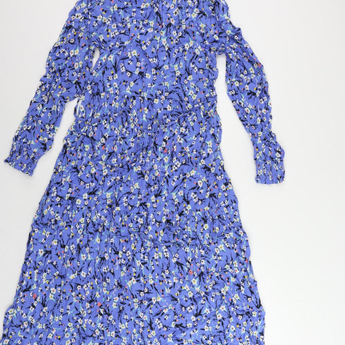 Marks and Spencer Womens Blue Floral Viscose A-Line Size 14 V-Neck Pullover