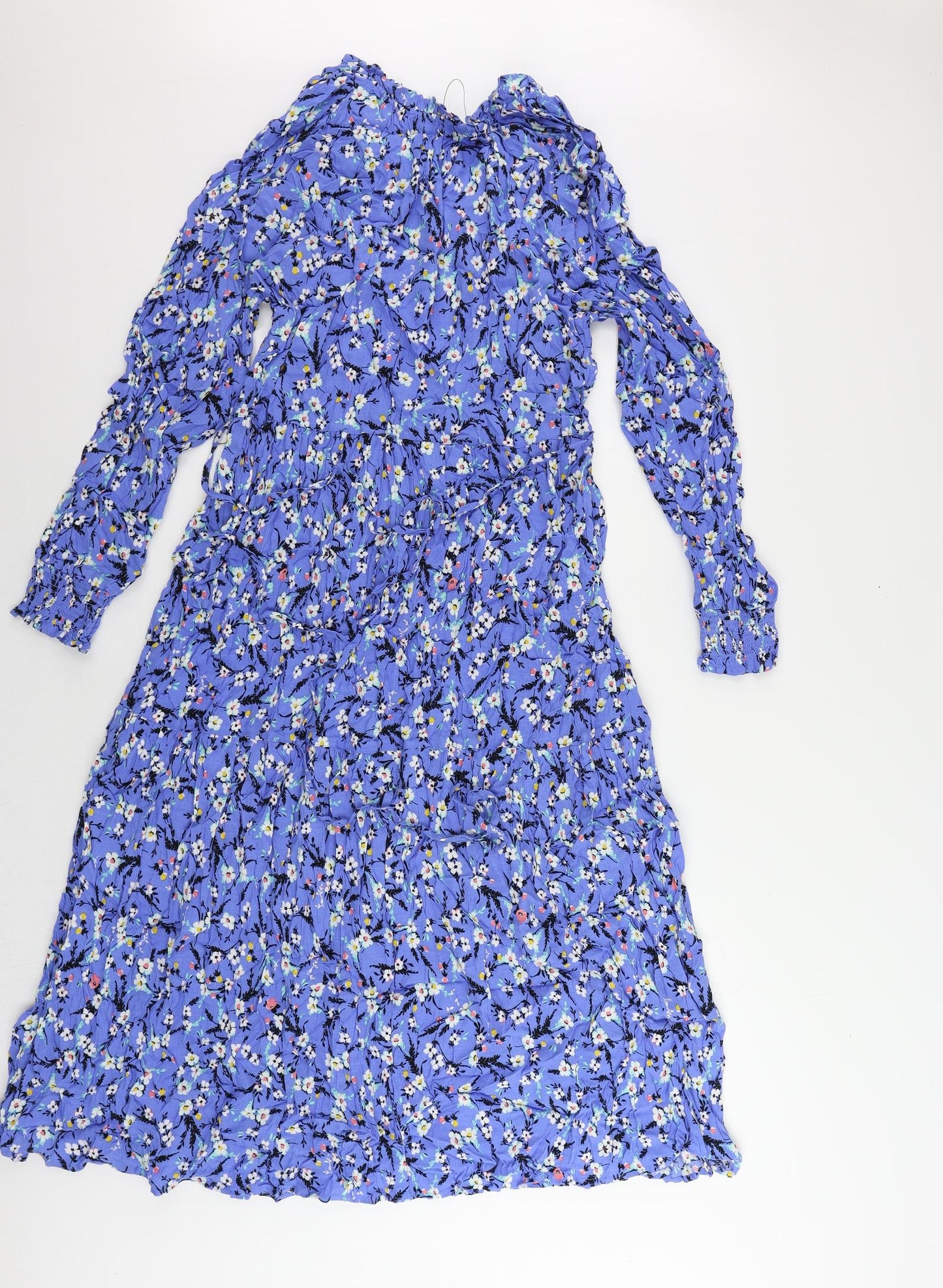 Marks and Spencer Womens Blue Floral Viscose A-Line Size 14 V-Neck Pullover