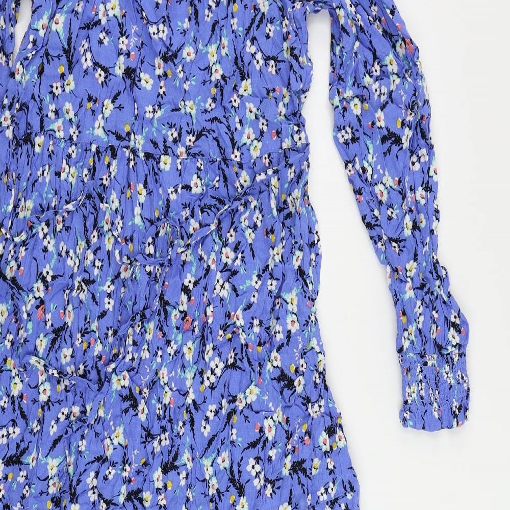 Marks and Spencer Womens Blue Floral Viscose A-Line Size 14 V-Neck Pullover