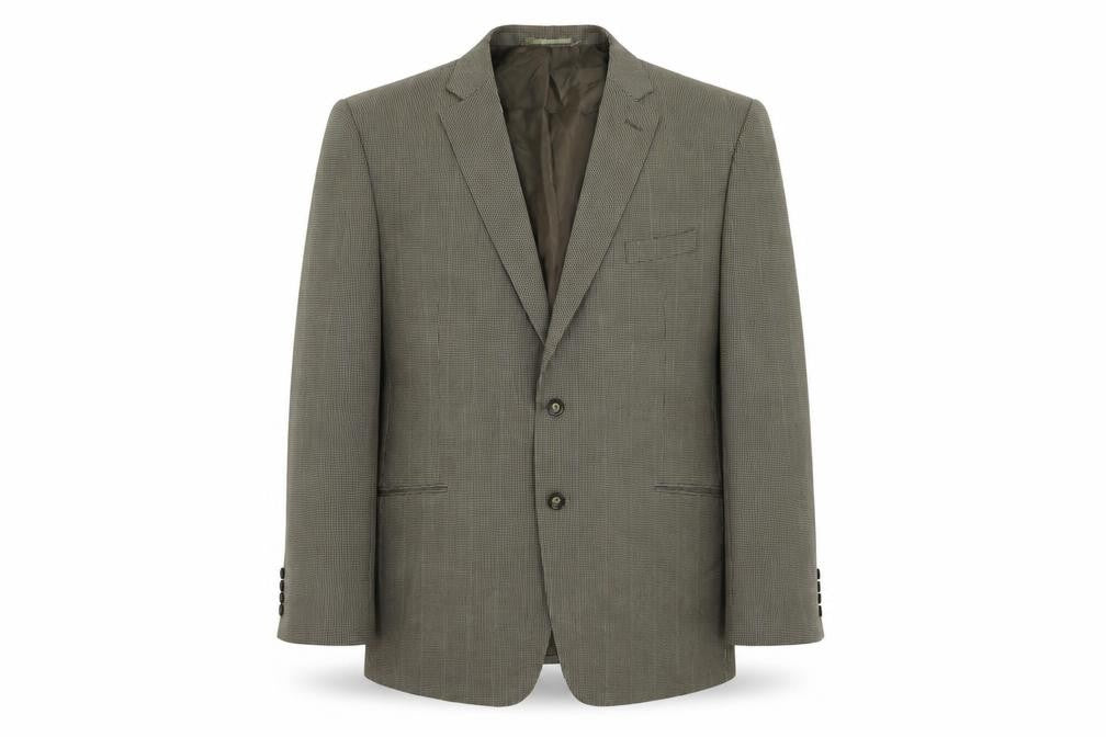 Front view of Jack Reid men’s brown geometric polyester jacket suit jacket, size 48, regular