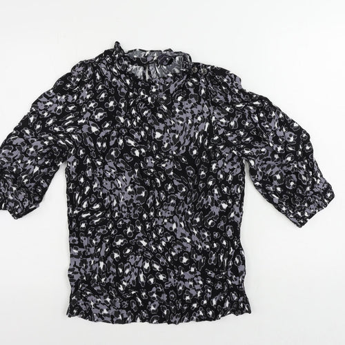 Marks and Spencer Womens Black Animal Print Viscose Basic Blouse Size 8 Mock Neck