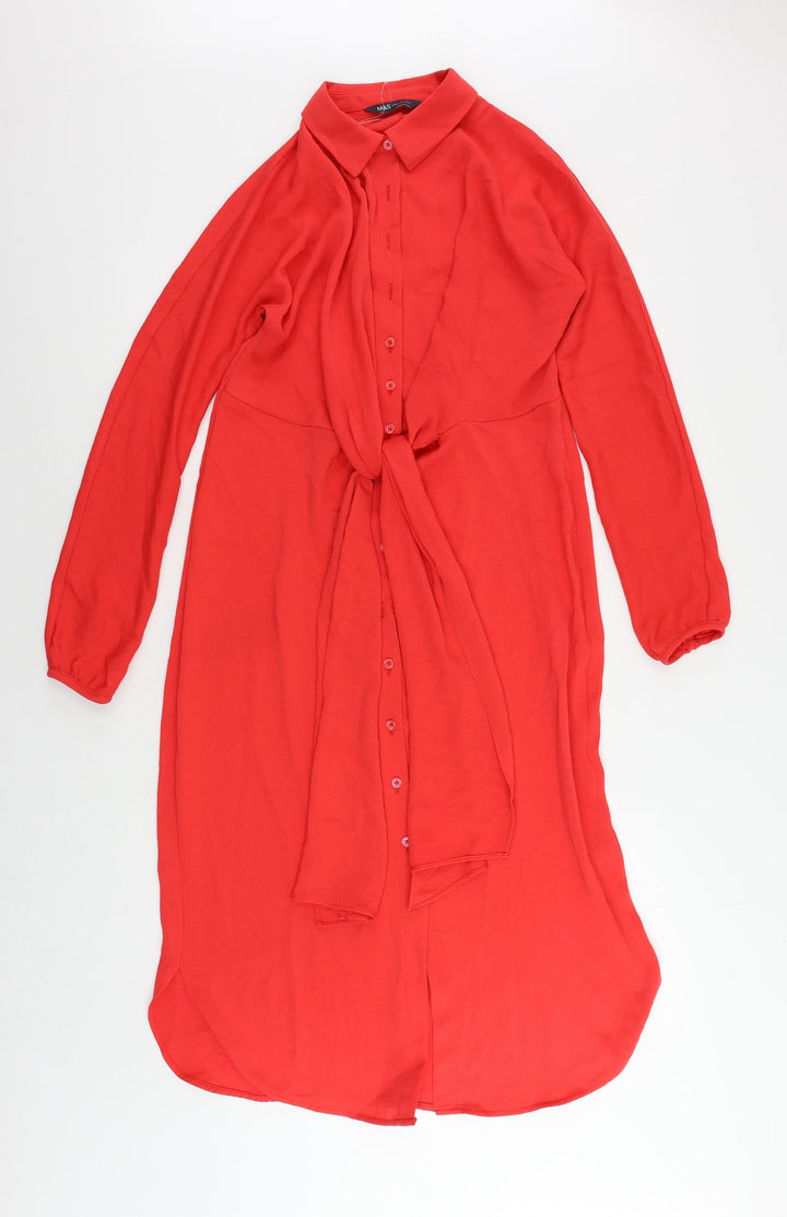 Marks and Spencer Womens Red Polyester Shirt Dress Size 6 Collared Button