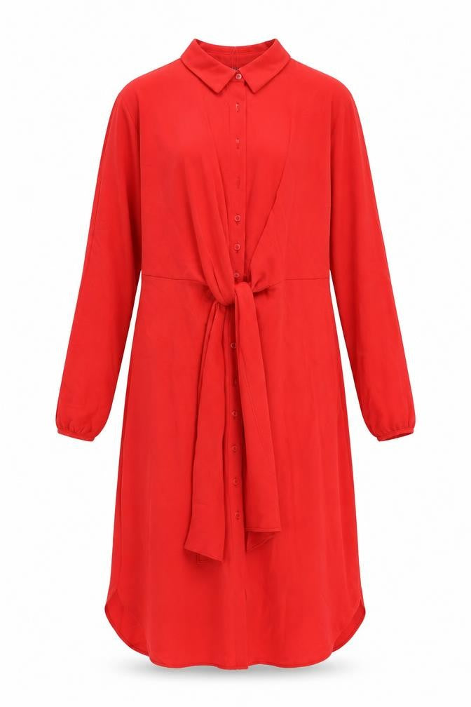 Front view of Marks & Spencer women’s red polyester shirt dress, size UK 6, collared button