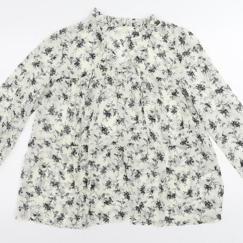 Per Una Womens Ivory Floral Polyester Basic Blouse Size 12 V-Neck - Sheer