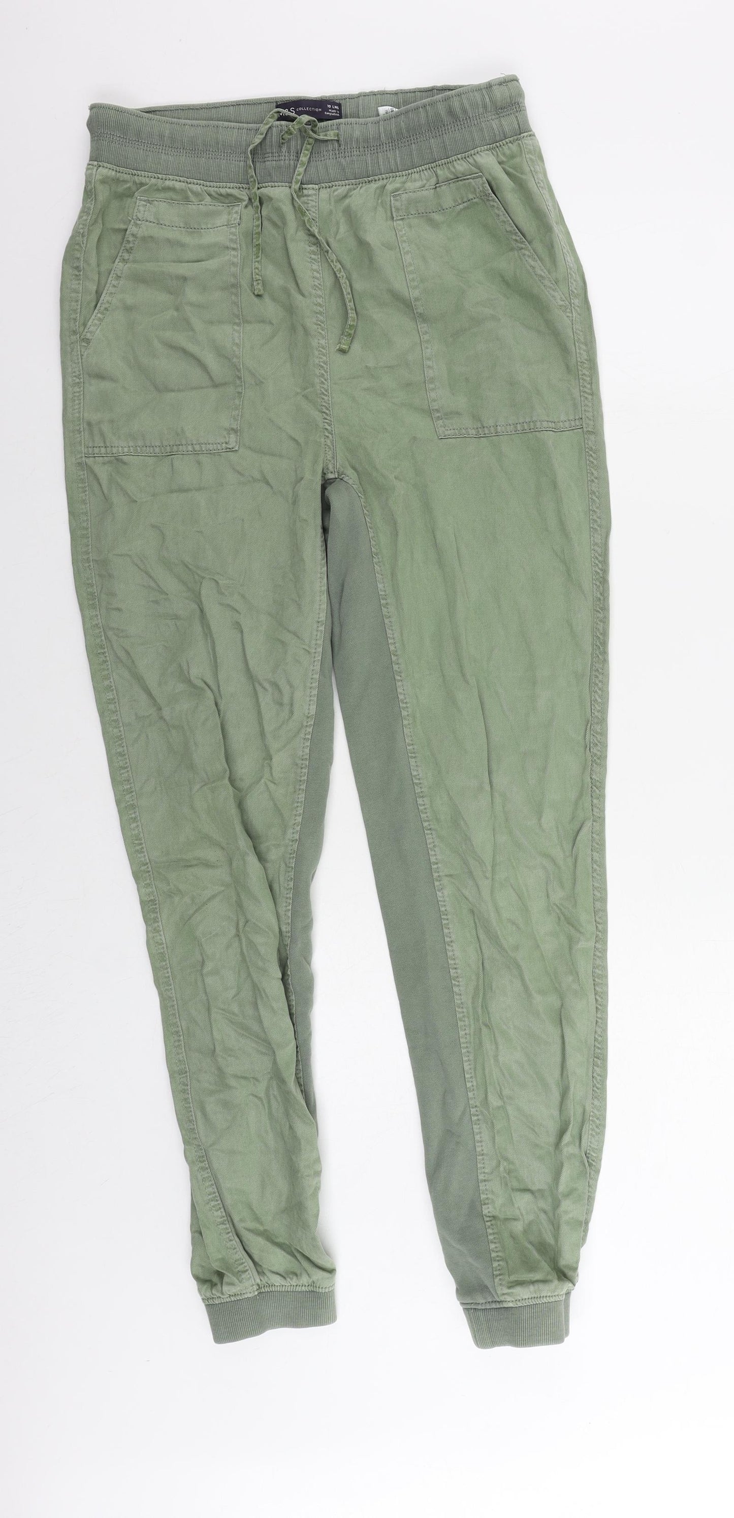 Marks and Spencer Womens Green Lyocell Jogger Trousers Size 10 L30 in Regular Drawstring