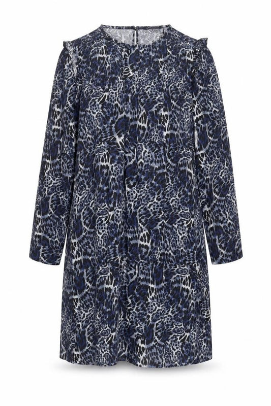 Front view of Marks & Spencer women’s blue animal print polyester a-line, size UK 20, round neck button