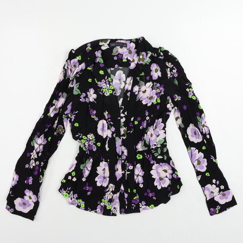 Marks and Spencer Womens Black Floral Viscose Basic Button-Up Size 6 V-Neck