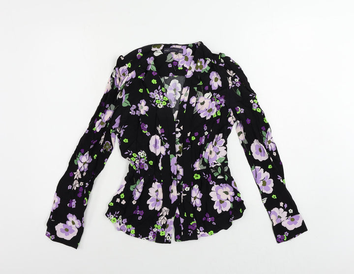 Marks and Spencer Womens Black Floral Viscose Basic Button-Up Size 6 V-Neck