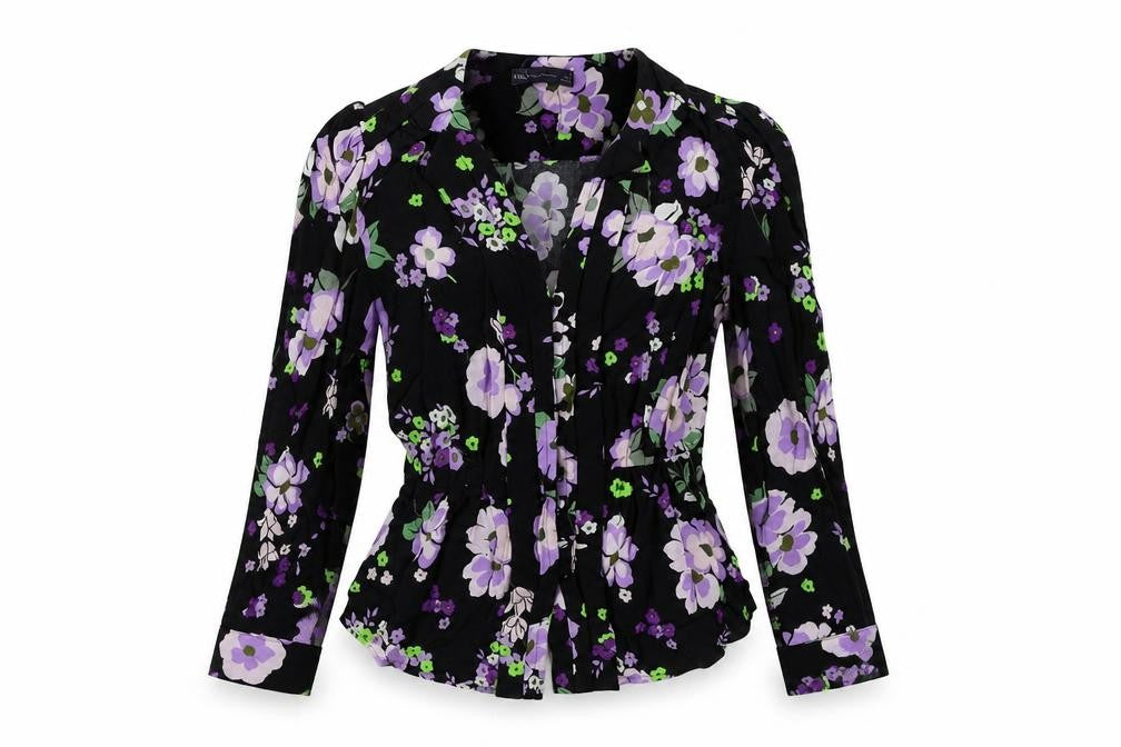 Front view of Marks & Spencer women’s black floral viscose basic button-up, size UK 6, v-neck
