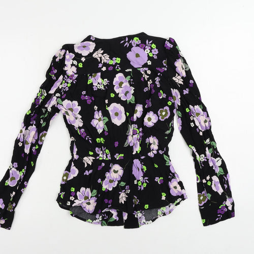 Marks and Spencer Womens Black Floral Viscose Basic Button-Up Size 6 V-Neck