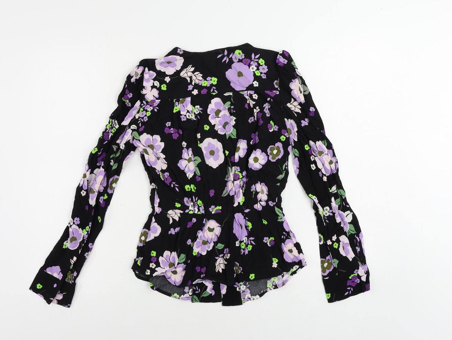 Marks and Spencer Womens Black Floral Viscose Basic Button-Up Size 6 V-Neck