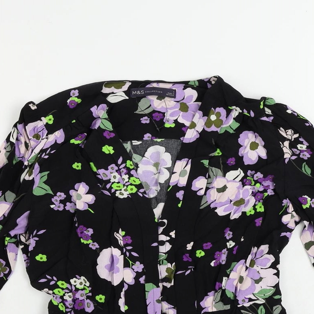 Marks and Spencer Womens Black Floral Viscose Basic Button-Up Size 6 V-Neck