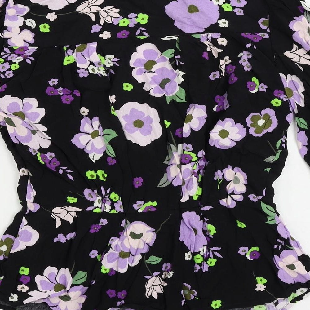 Marks and Spencer Womens Black Floral Viscose Basic Button-Up Size 6 V-Neck
