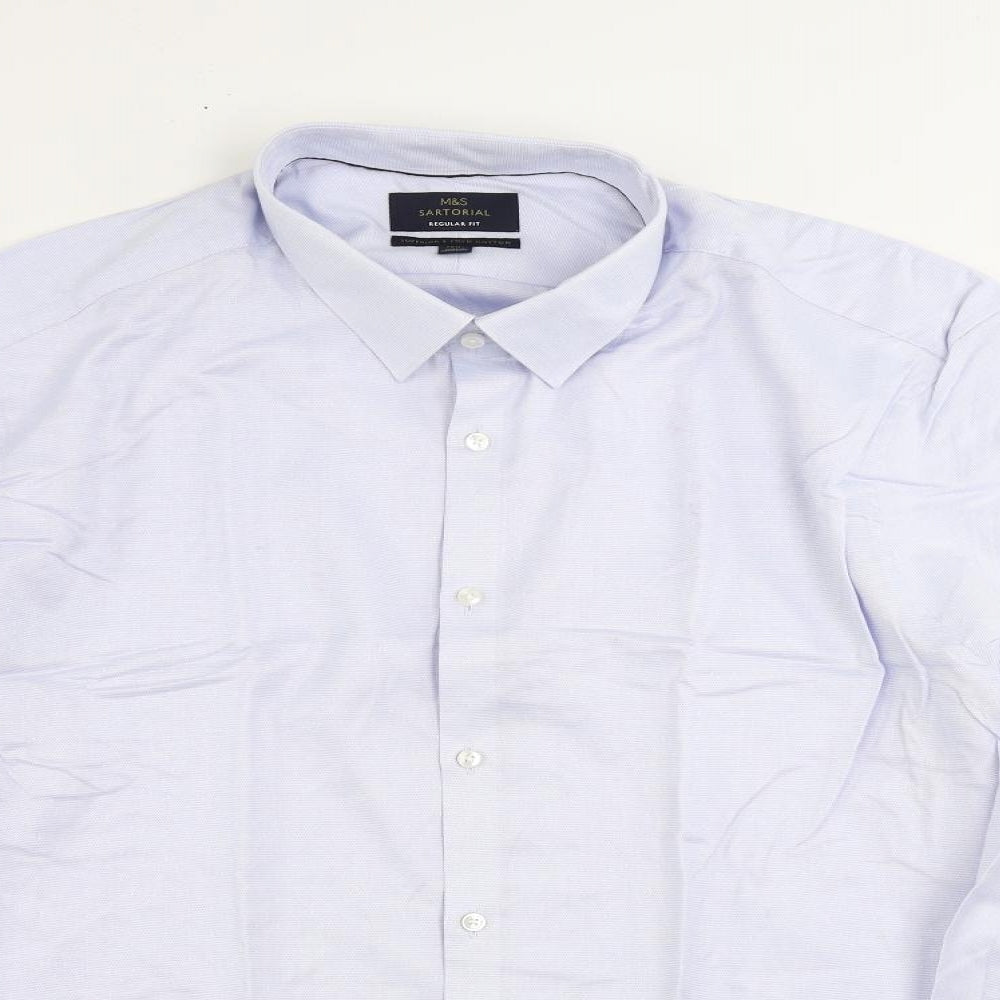 Marks and Spencer Mens Blue Polka Dot Cotton Button-Up Size 18.5 Collared Button