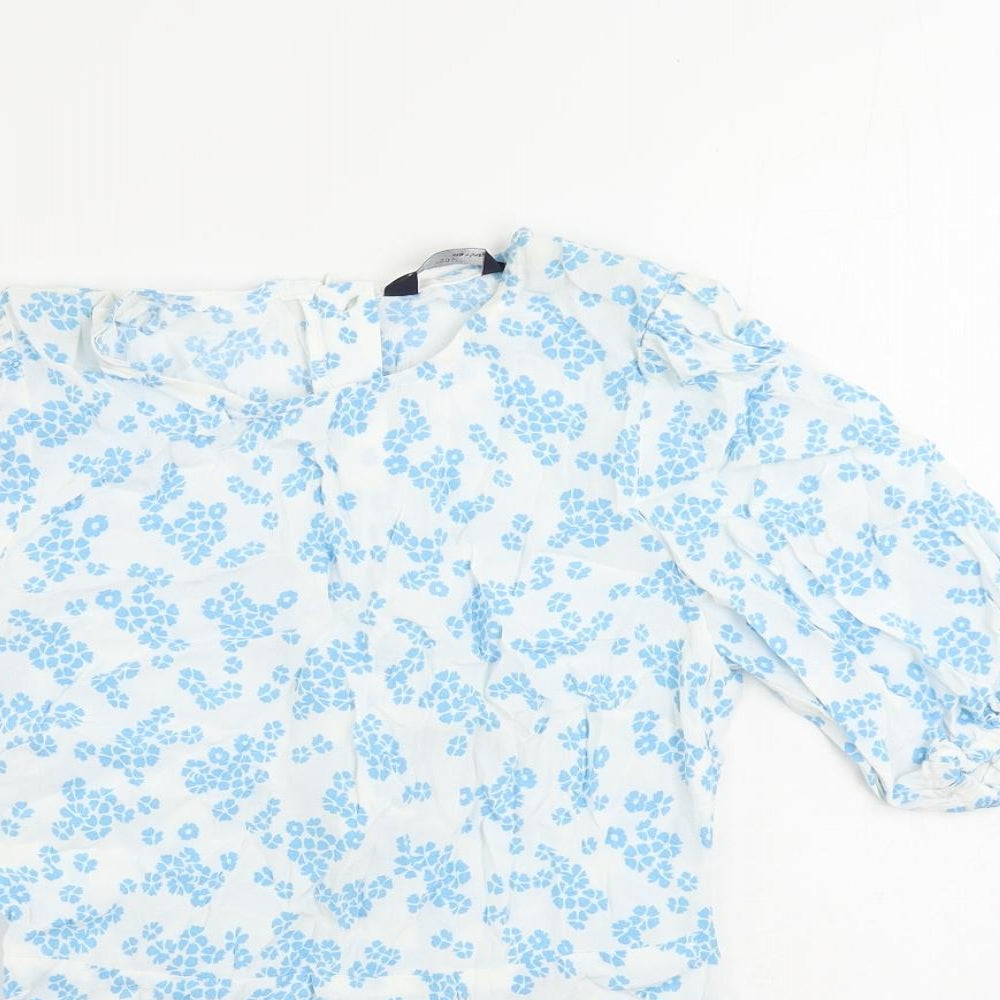 Marks and Spencer Womens White Floral Viscose Basic Blouse Size 6 Round Neck