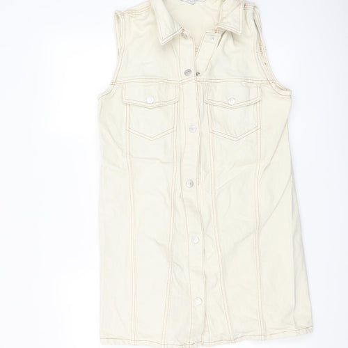 Zara Womens Ivory Cotton Pinafore/Dungaree Dress Size M Collared Button