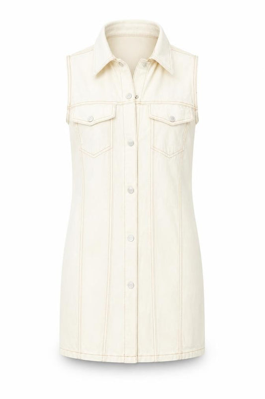 Front view of Zara women’s ivory cotton pinafore/dungaree dress, size M, collared button