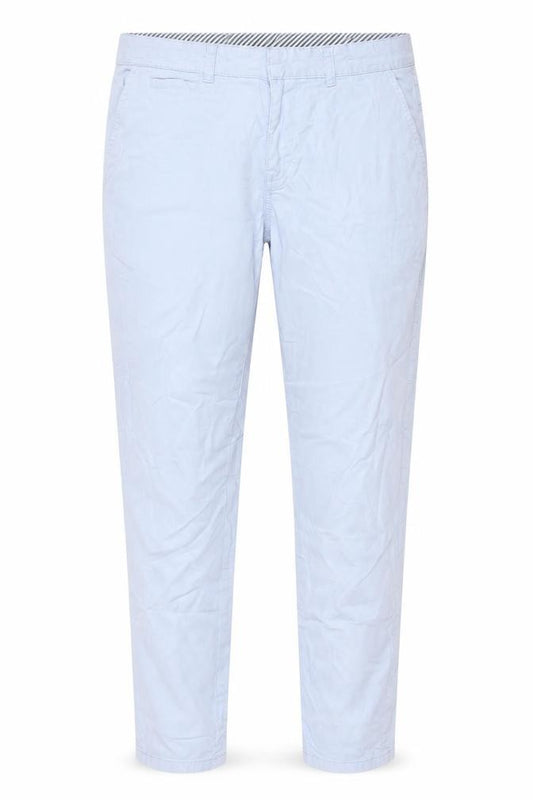 Front view of RESERVED women’s blue cotton trousers, size UK 10, 27-inch leg regular button