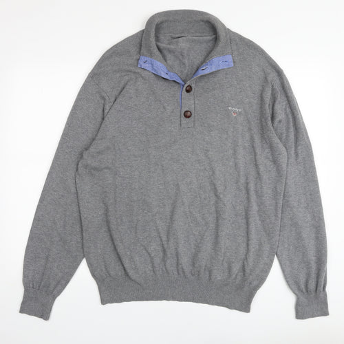 GANT Mens Grey V-Neck Cotton Pullover Jumper Size L Long Sleeve