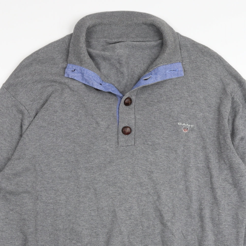 GANT Mens Grey V-Neck Cotton Pullover Jumper Size L Long Sleeve