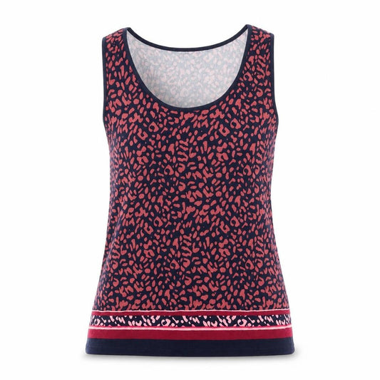 Front view of Oasisi women’s multicoloured animal print viscose basic tank, size S, round neck