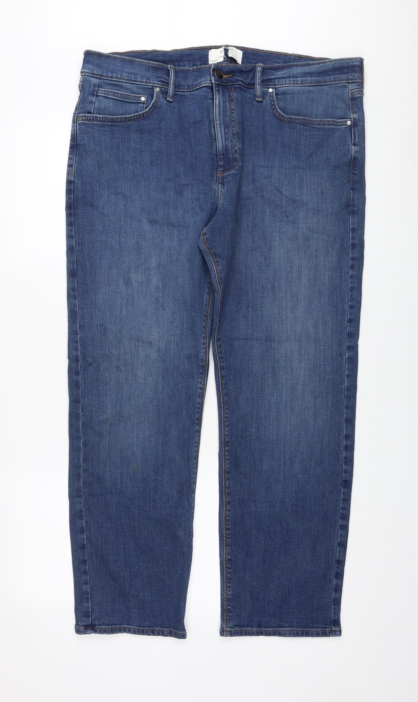Marks and Spencer Mens Blue Cotton Straight Jeans Size 38 in L29 in Regular Button