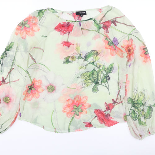 Warehouse Womens Green Floral Silk Basic Blouse Size 14 Round Neck