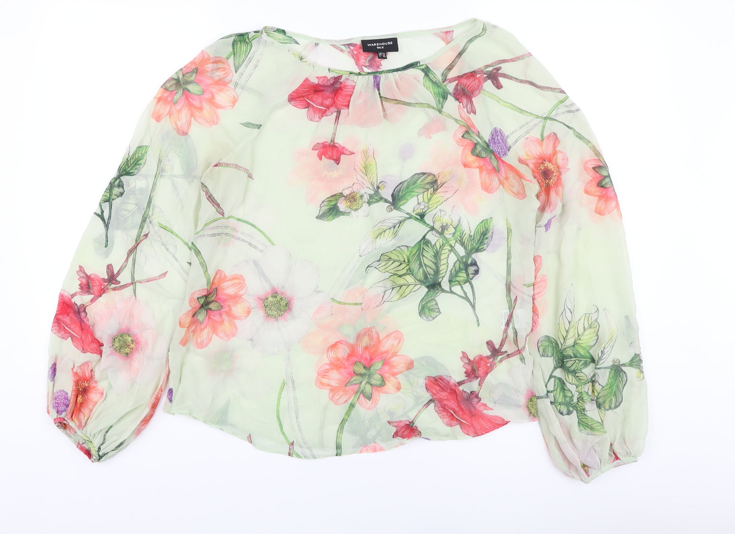 Warehouse Womens Green Floral Silk Basic Blouse Size 14 Round Neck