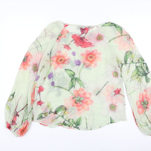 Warehouse Womens Green Floral Silk Basic Blouse Size 14 Round Neck