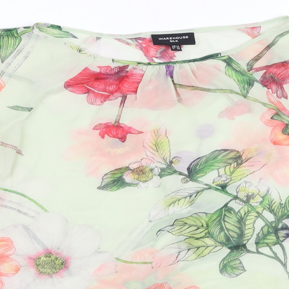 Warehouse Womens Green Floral Silk Basic Blouse Size 14 Round Neck