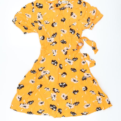 Miss Selfridge Womens Orange Floral Viscose A-Line Size 8 Round Neck Zip