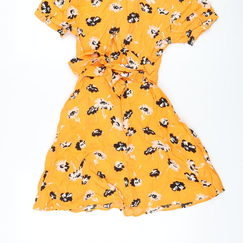 Miss Selfridge Womens Orange Floral Viscose A-Line Size 8 Round Neck Zip