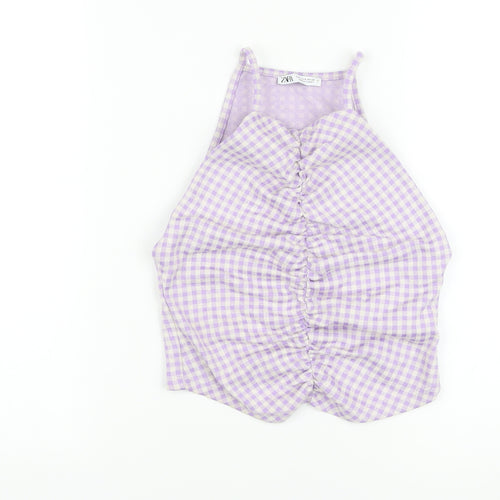 Zara Womens Purple Check Cotton Cropped T-Shirt Size S Square Neck