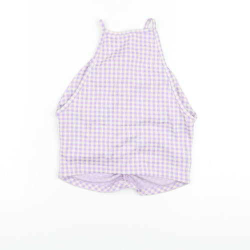 Zara Womens Purple Check Cotton Cropped T-Shirt Size S Square Neck