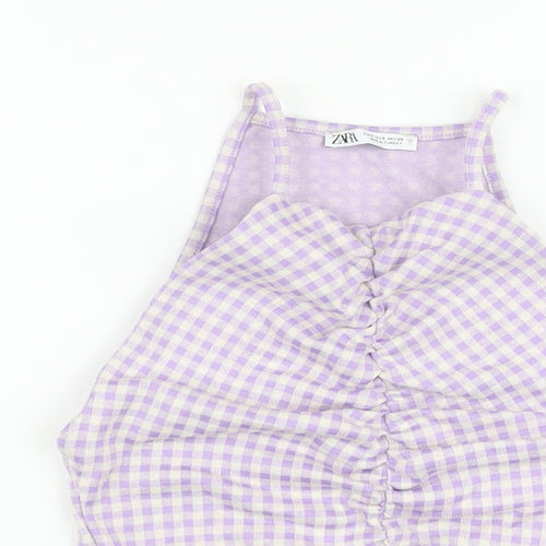 Zara Womens Purple Check Cotton Cropped T-Shirt Size S Square Neck
