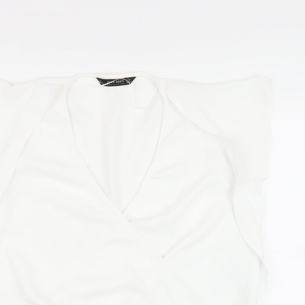 Zara Womens White Polyacrylate Fibre Basic Blouse Size L V-Neck