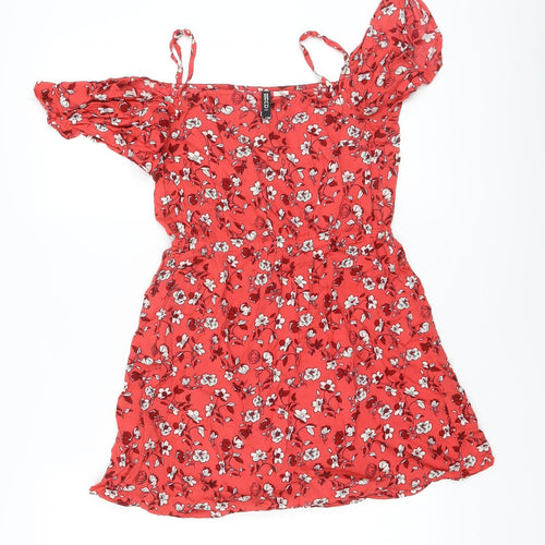 H&M Womens Red Floral Polyester Mini Size S Square Neck Pullover