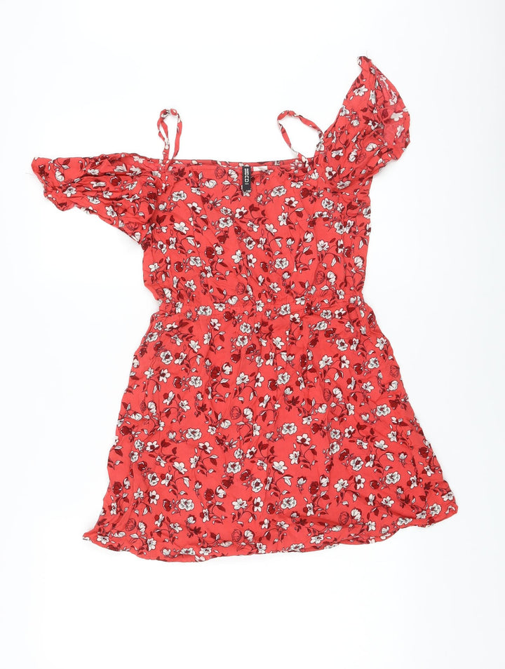 H&M Womens Red Floral Polyester Mini Size S Square Neck Pullover
