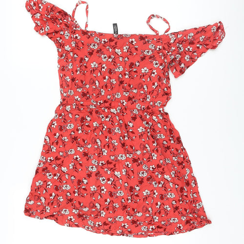 H&M Womens Red Floral Polyester Mini Size S Square Neck Pullover