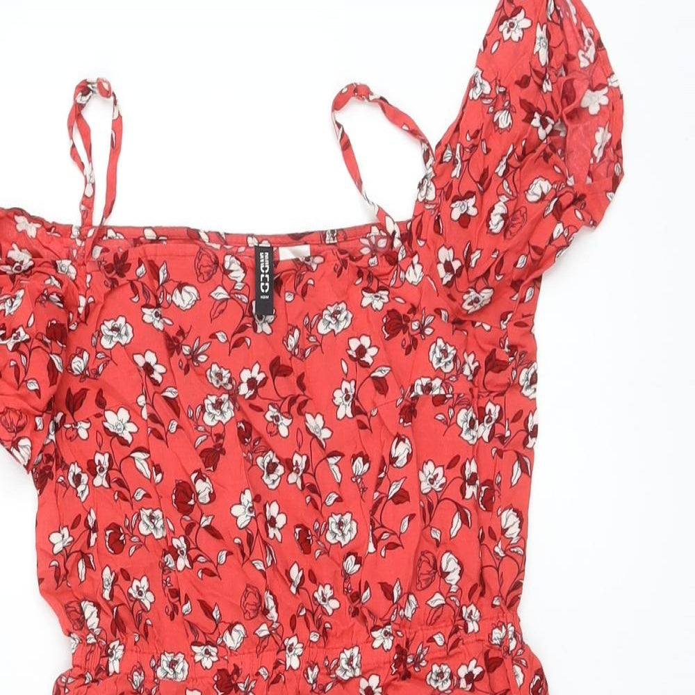 H&M Womens Red Floral Polyester Mini Size S Square Neck Pullover