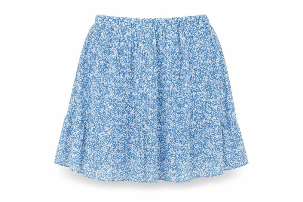 Front view of Mango women’s blue floral polyester pleated skirt, size S